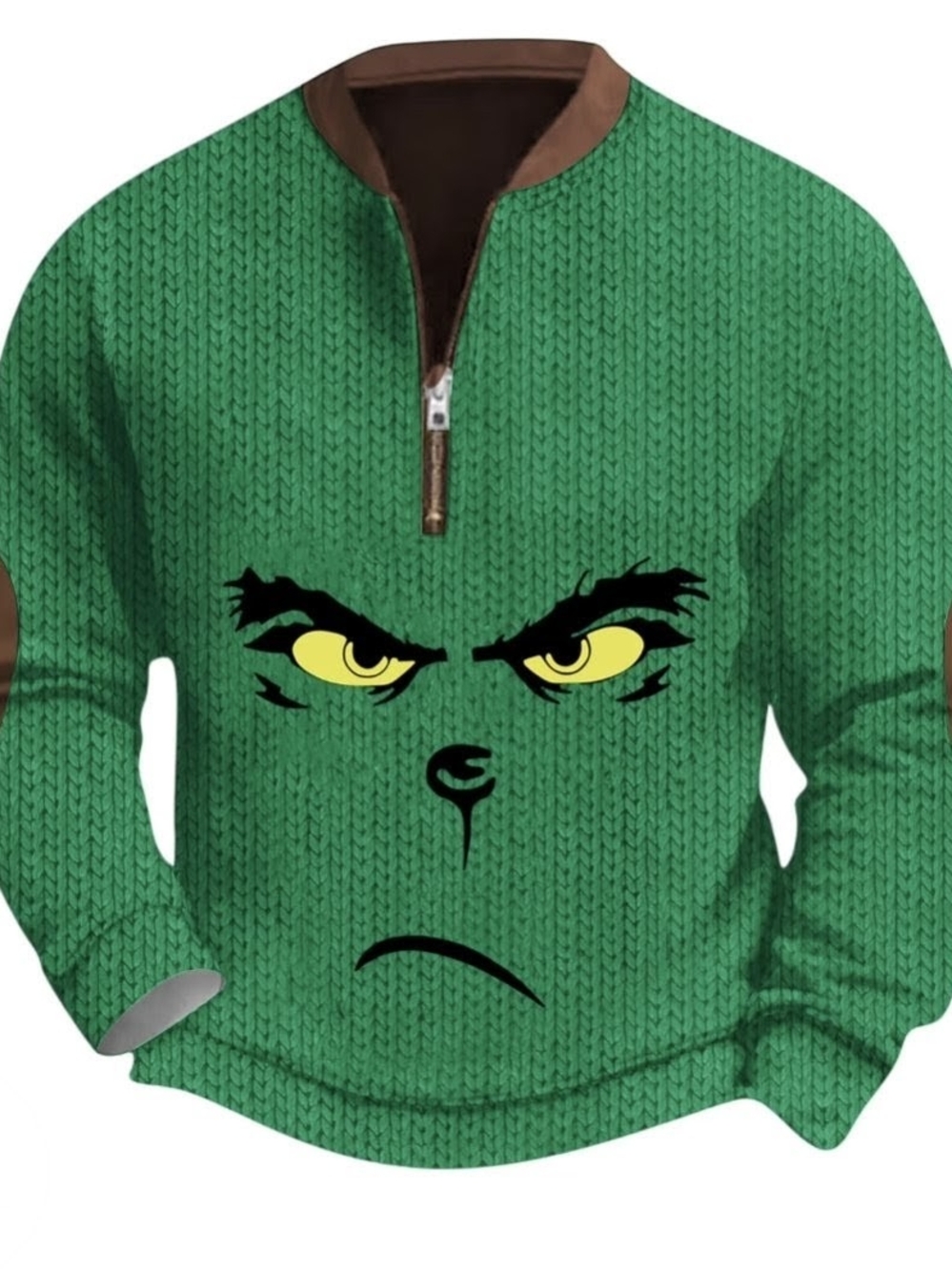 Grinch Face Knit Pattern Quarter-Zip Sweater 3XL
